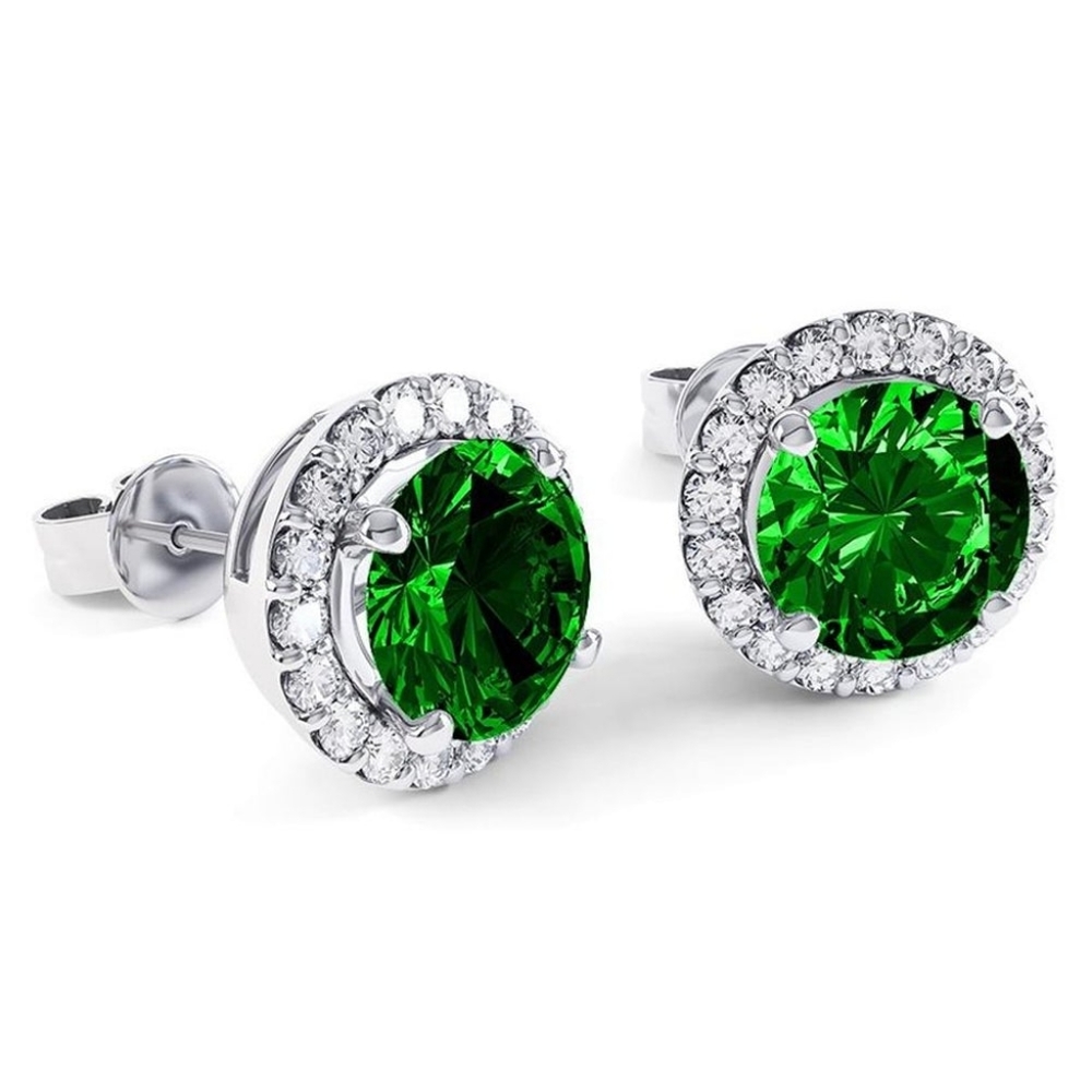 Elegant Silver Round Green Crystal Earrings